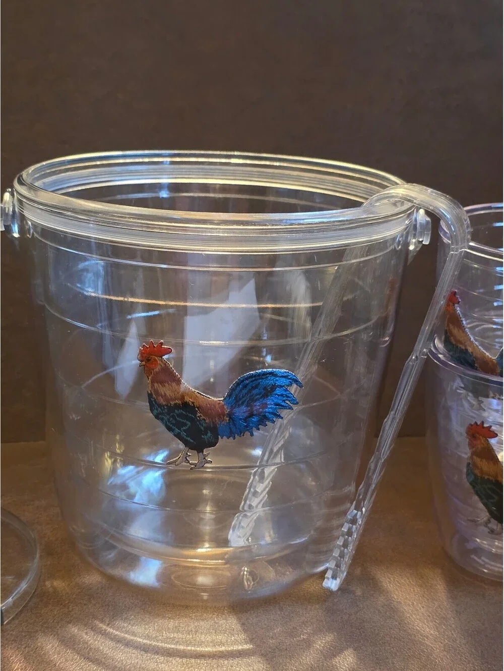 Vintage 1990s Tervis Rooster Insulated Ice Bucket Set with Tongs & 2 Tumblers